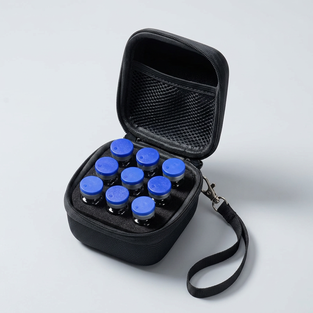 Free refrigerator vial case with blue-capped peptide vials