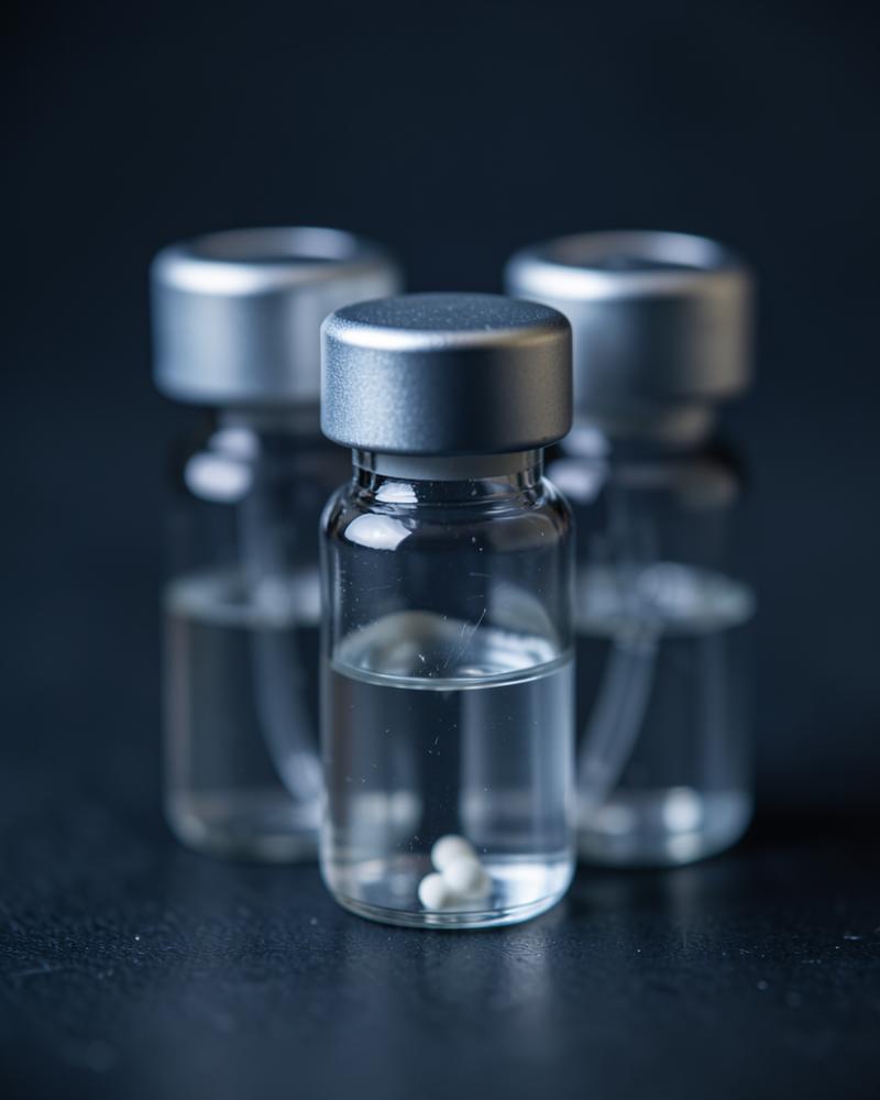 Research peptide vials under clinical lighting